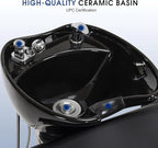 BarberPub Backwash Shampoo Station Chair, Adjustable Porcelain Ceramic Hair Wash Bowl Sink Unit Station, Reclining Shampoo Station Chair for Spa Beauty Salon Hair Salon Equipment 9303 (Black)