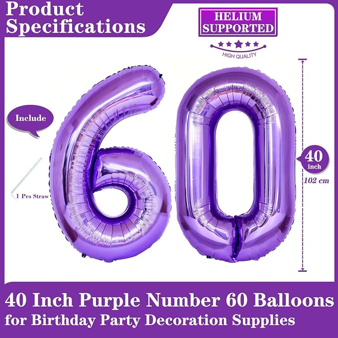 Purple 60 Number Balloons, 40 Inch Giant Number 60 Balloons Foil Mylar Helium - Image 2