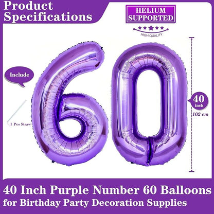 Purple 60 Number Balloons, 40 Inch Giant Number 60 Balloons Foil Mylar Helium - Image 2