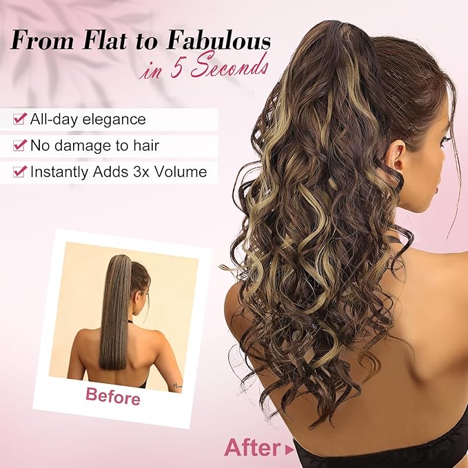 QGZ 20" Wavy Ponytail Extension, Claw Clip Ponytail Hair Extension, Natural Synthetic Hairpiece for Women Daily Use(Dark Brown with Highlights)