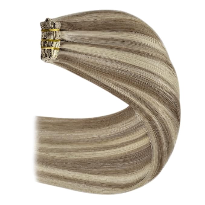 YoungSee Hair Extensions Clip ins Light Brown Clip in Extensions Highlight Clip on Hair Extensions Human Hair Light Brown with Blonde Highlights for Beginners 16Inch 7Pcs 120G