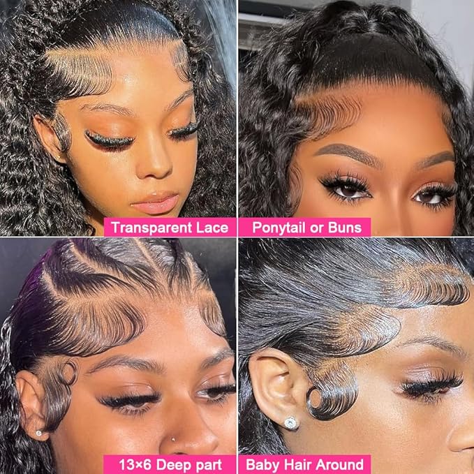 22 Inch 13×6 HD Lace Front Wigs Human Hair Water Wave 200 Density Lace Frontal Wigs Pre Plucked Deep Curly Human Hair Wig for Women Natural Black