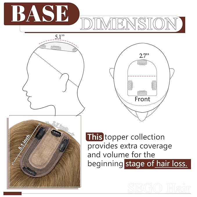 SEGO Real Human Hair Topper for Women, No Bangs Hair Topper with Anti-Slip Clips (8 Inch#6 Light Brown)
