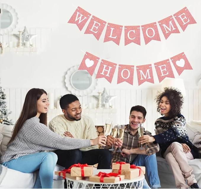 Welcome Home Banner Decorations Glitter Rose Gold Bunting Backdrop - Image 5