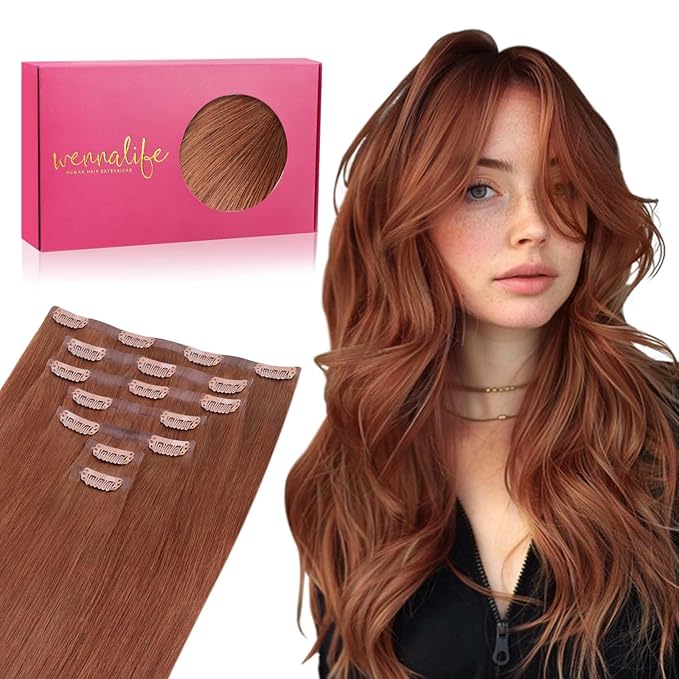 WENNALIFE Seamless Clip In Hair Extensions Human Hair, 18 Inch 130g 7pcs Dark Auburn Copper Real Hair Extensions Clip in Human Hair Invisible PU Skin Weft Natural Remy Human Hair Extensions