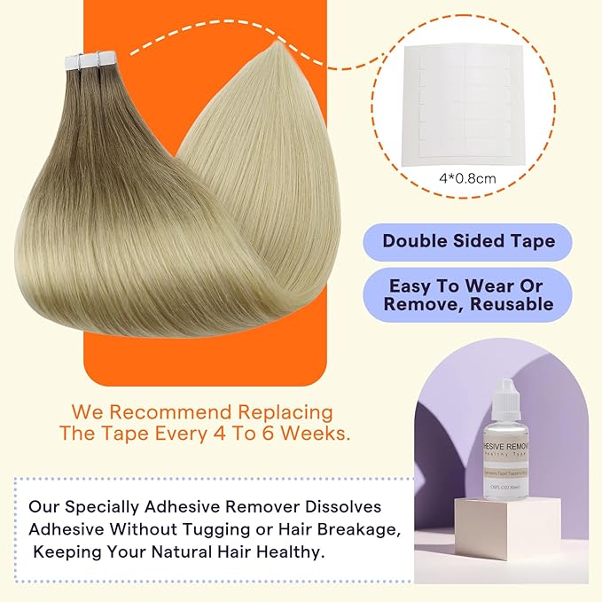Full Shine Tape in Hair Extensions 18 Inch Color 3 and 8 Brown Fading to 613 Bleach Blonde Balayage Hair Extensions Real Human Hair Tape in for Women 50g Seamless Skin Weft Remy Hair 20PCS Add Volume