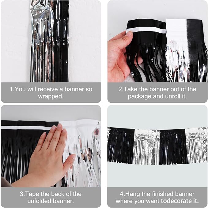 BEISHIDA Black Silver Fringe Garland Banner 30ft Wall Tinsel Foil Streamers | - Image 2