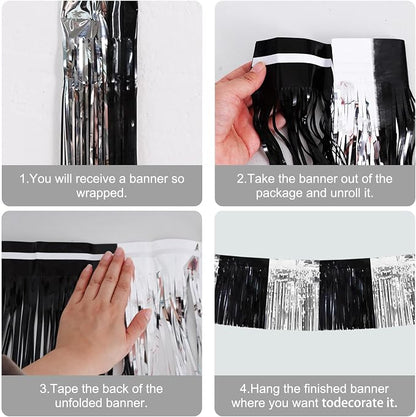 BEISHIDA Black Silver Fringe Garland Banner 30ft Wall Tinsel Foil Streamers | - Image 2