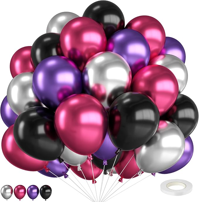 Pink and Purple Balloons, 12 Inch Metallic Pink Purple Black and Silver Balloons by FEYG