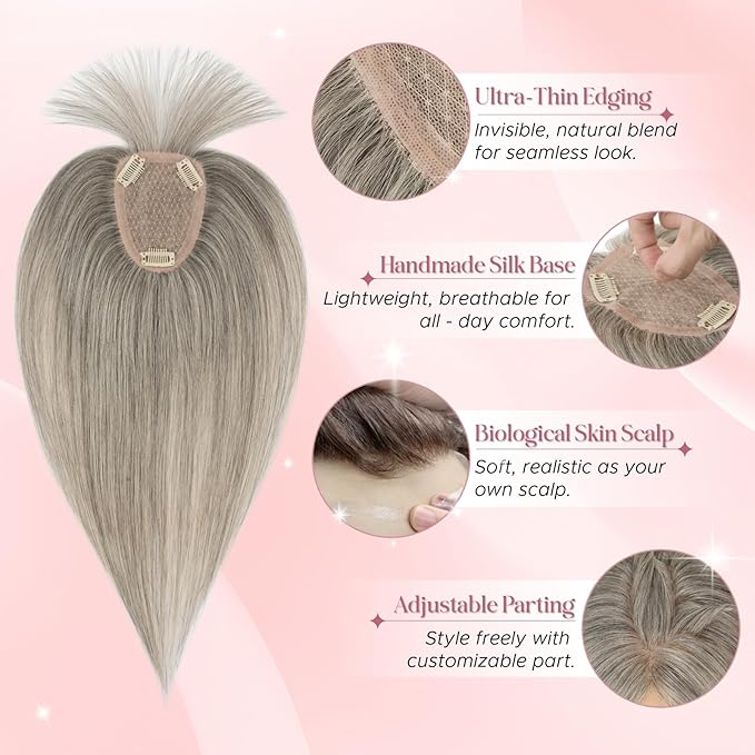 Real Human Hair Toppers for Women 3.54"*4.72" Silky Base 150% Density With Bangs Adjustable Parting Clip-In Topper Hairpieces for Women with Thinning Hair 14 Inches White Mixed Natural Black
