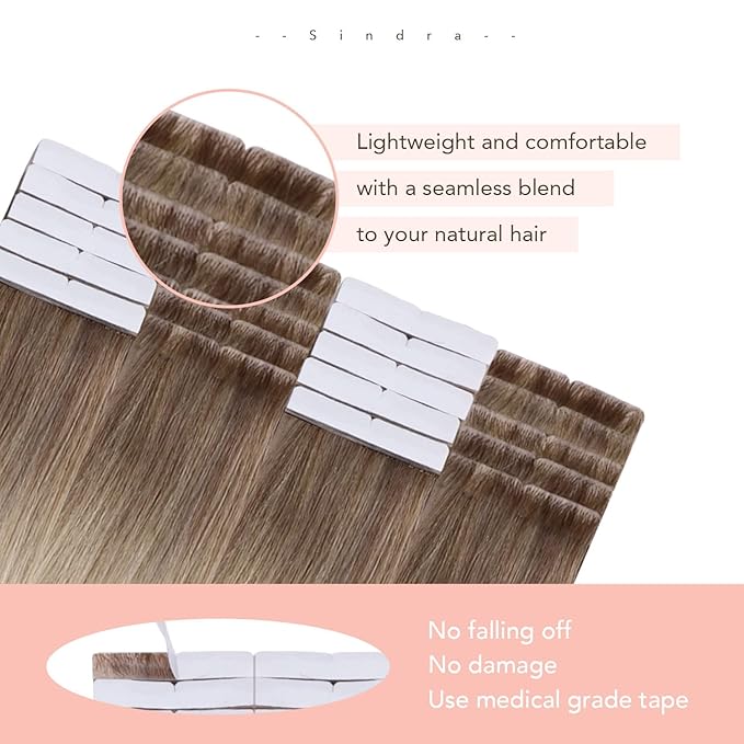 Sindra Invisi Edge Tape in Extensions Human Hair, Invisible Tape in Hair Extensions Ash Brown mixed Platinum Blonde and Ash Blonde Natural Seamless 16 Inch 45g 20pcs/pack
