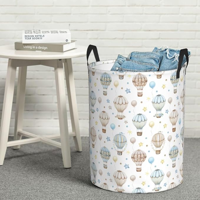 Watercolor Hot Air Balloon Round Laundry Hamper Storage Basket Toys Clothes - Image 7