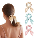 THXSILK 100% Mulberry Silk Bow Scrunchies 3-Pack, 22 Momme Mulberry Silk Hair Ties for Women, Cute Bunny Ear No Damage Ponytail Holders, Fashion Hair Accessories for Girls(M, Light Colors)