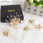 Wedding Hair Pins - Elegant Pearl Leaf Crystal Hair Accessories for Bridal Women (Gold)