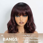 NOBLE Red Wig with Bangs for Women Short Colorful Wavy Bob Wig with Bangs Shoulder Length Ombre Wine Red Curly Wigs with Bangs Heat Resistant Synthetic Burgundy Colored Wigs for White Women