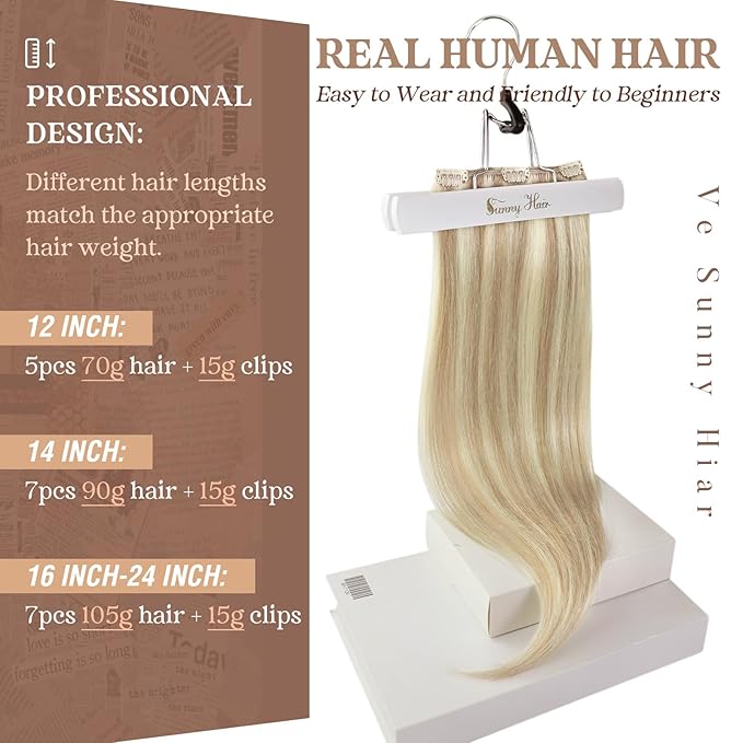 Ve Sunny Human Hair Clip in Hair Extensions Highlights Hair Extensions Real Human Hair Clip ins Caramel Blonde with Platinum Blonde Clip in Hair Extensions Human Hair 14 Inch 7pcs 100g