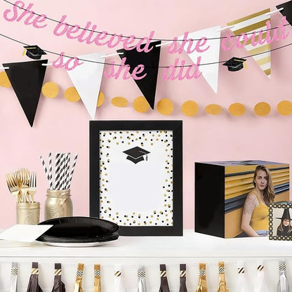 Hoogict She Believed She Could So She Did Pink Graduation Banner Decorations - Image 6