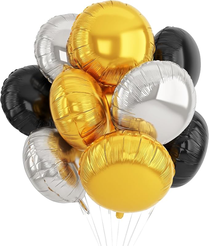 20PCS Gold Black Sliver Round Shaped Foil Balloons, 18 Inch Round Foil Balloon by Paready