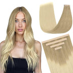 DOORES Hair Extensions Real Human Hair, Light Brown to Golden Platinum Blonde 10 Inch 20g 10pcs, Tape in Hair Extensions Human Hair Natural Seamless Hair Extensions