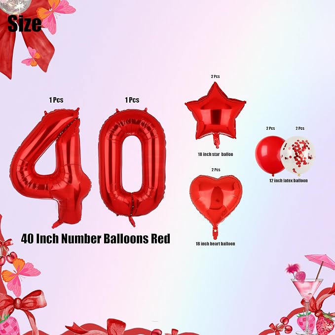 40 Inch Red Number Balloons 40 Mylar Foil 40th Birthday Party Decor 10 Pcs | - Image 2