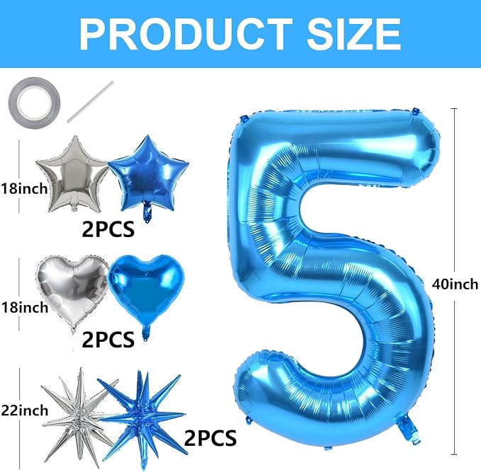 TONIFUL 5th Birthday Balloons Kit 40 Inch Blue Large Number 5 Foil Balloon | - Image 2
