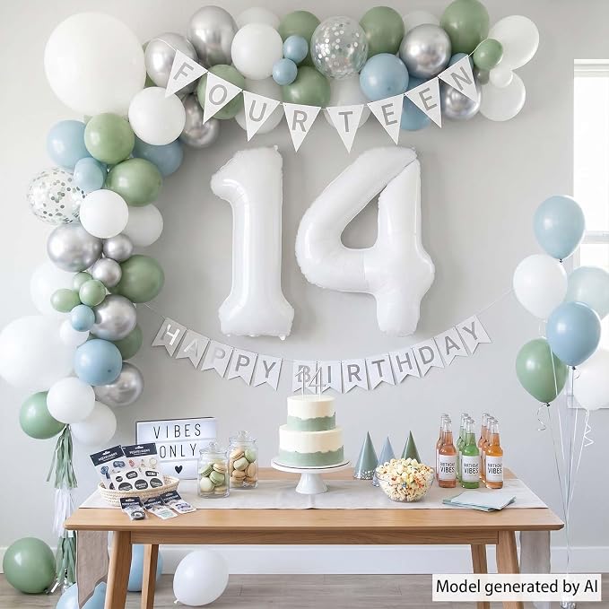 White Number 14 Balloon 40 Inch, Large Matte White 1 and 4 Foil Balloons Set - Image 3
