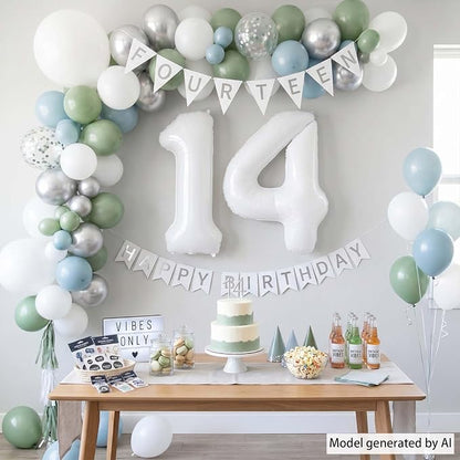 White Number 14 Balloon 40 Inch, Large Matte White 1 and 4 Foil Balloons Set - Image 3