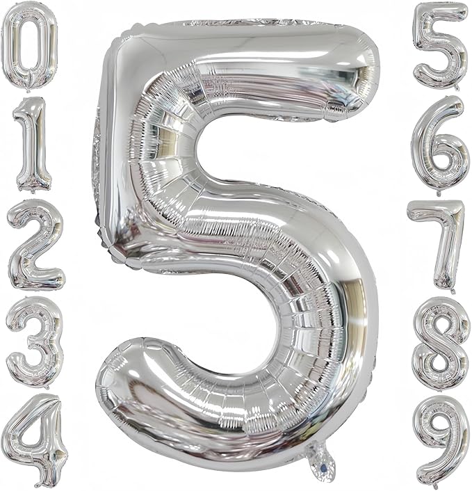 Silver 5 Balloon, 40 Inch Number 5 Balloon, 5 Birthday Balloon Decorations by BBPOOL