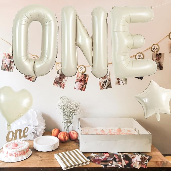 TONIFUL Cream ONE Balloons Banner, 40 Inch Cream White Letter ONE Foil Sign - Image 5