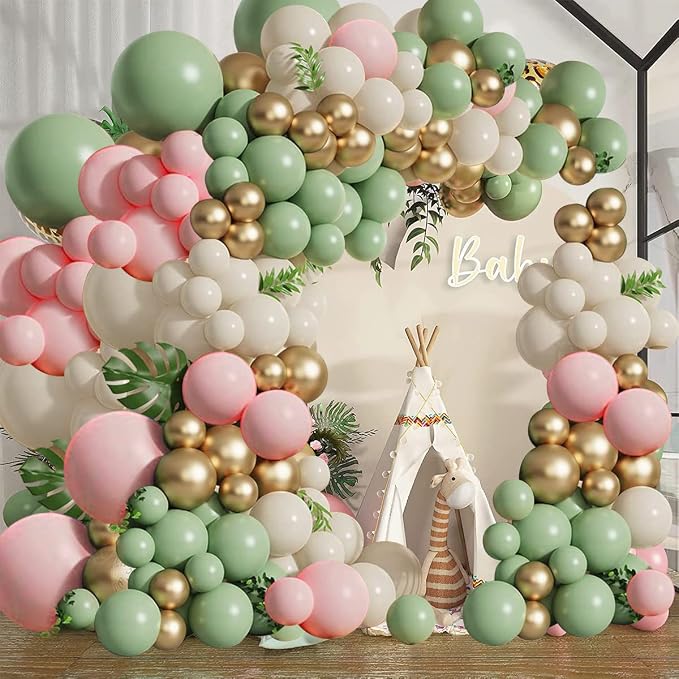 Sage Green Pink Balloons Garland Kit, Sand White Gold, Party Decor | Olive - Image 4