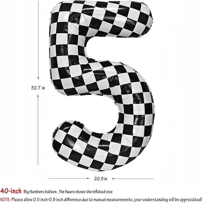 40In Black White Checkered Number 5 Balloon Race Car Digital Foil 5 Balloon | - Image 2