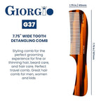 Giorgio G37 Large Coarse Detangler Comb, Wide Teeth for Thick, Curly, or Wavy Hair – For Wet and Dry Use, Handmade Rake Saw-Cut from Polished Cellulose (Tortoiseshell)