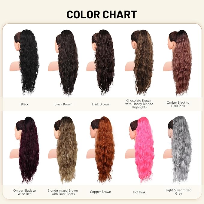 LEEONS 26 inch Drawstring ponytail Extension, Black Long Wavy pony tails hair extensions for Women - Synthetic Hairpiece Ponytail for Daily Use (Black)
