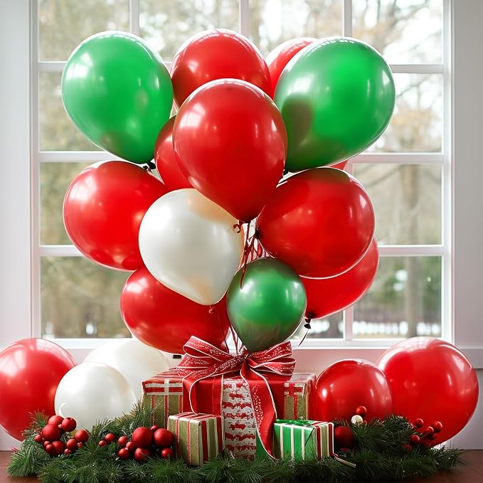 TecUnite 100 Pcs Red Green White Latex Balloons 13 Inch Colorful Round Balloons - Image 3