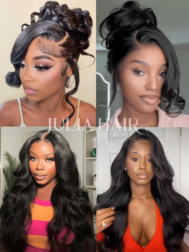 Julia Hair 13x4 Pre-Everything™ Loose Body Wave Human Hair Wig HD Lace Frontal Glueless Wig with Drawstring Face Framing Curtain Bangs Frontal 3D Body Wave Wig for Black Women Put On and Go 18 Inch