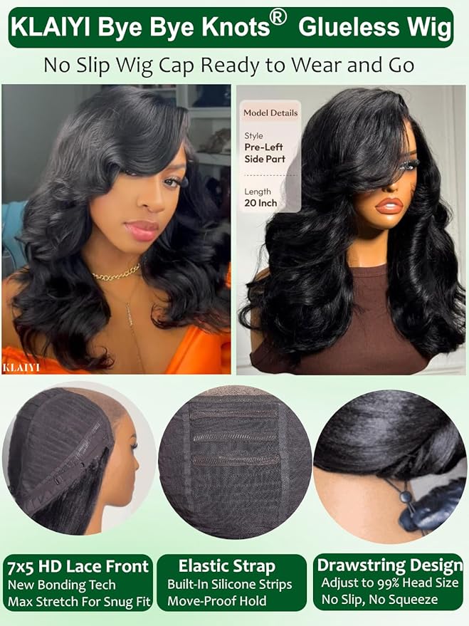 KLAIYI Bye Bye Slip™ Loose Body Wave Wig Layer Side Part 200% Density 7X5 Pre Cut Lace Front Wigs Human Hair Drawstring Glueless 30S Ready to Wear and Go Beginner Wig Pre Plucked Bleached Knots 12Inch