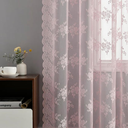 Kotile Short Pink Lace Curtains Rustic Floral W42 x L45 Inch, 2 Panels | Rod - Image 8