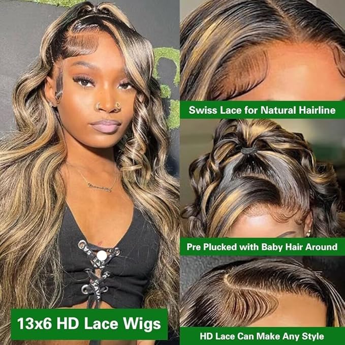 32 Inch Balayage Highlight Lace Front Wig Human Hair FB/27 Body Wave Lace Front Wigs Human Hair 13x6 HD Lace Glueless Wig for Black Women 180% Density Honey Blonde Balayage Wig Human Hair