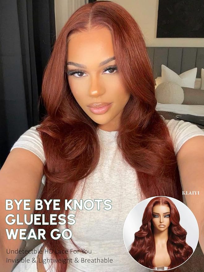 KLAIYI Bye Bye Knots Glueless Wig Reddish Brown Body Wave 7x5 Pre Cut HD Lace Front Wigs Human Hair Put On And Go Wig Pre Bleached Pre Plucked with Baby Hair 30S Ready To Wear 150% Density Full 26Inch