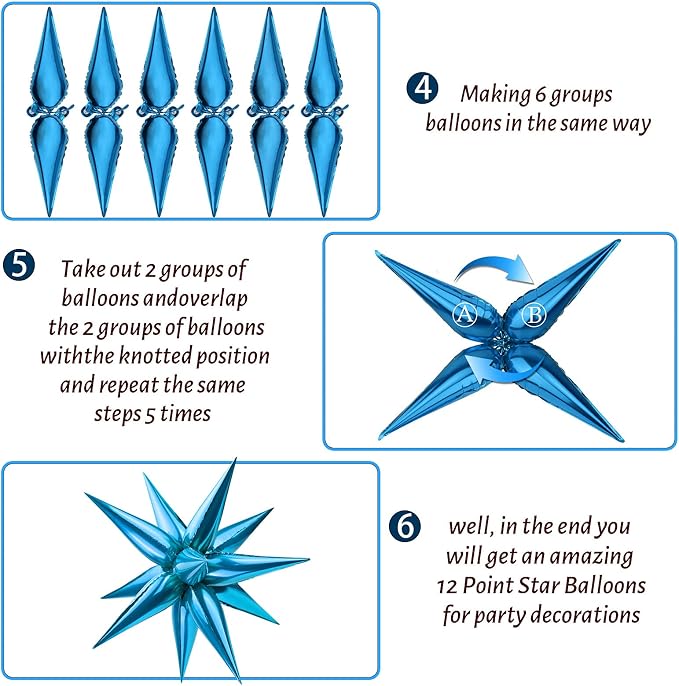 60 PCS Blue Star Balloons, 12 Point Cone Explosion Star Foil Balloons - Image 4