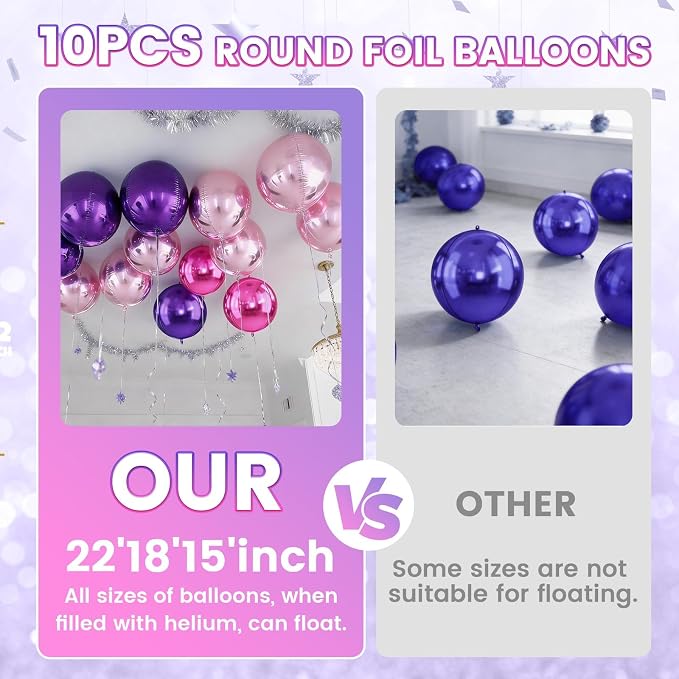 10Pcs Pink and Purple Round Foil Balloons, Metallic Hot Pink Purple Foil Baloon - Image 5
