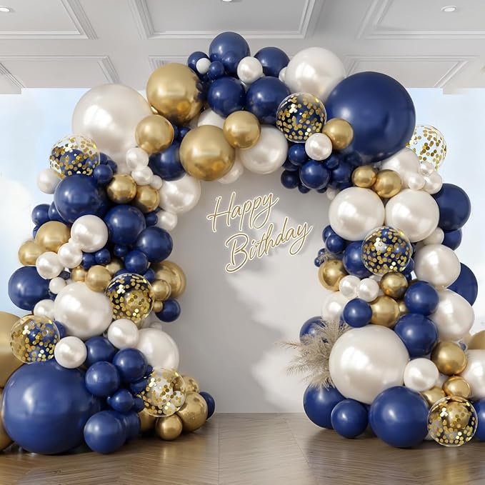 Navy Blue Gold White Balloon Arch Kit 129 Pcs Double Stuffed | Luxury Wedding by Vanjehou