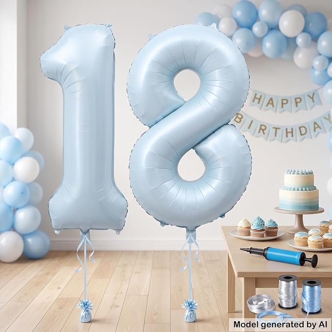 40" Light Blue Foil Number 18 Balloon - Image 3
