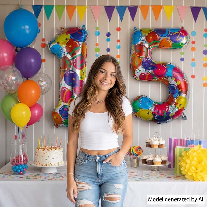 40 Inch Rainbow Balloon Number 15 Balloons, Foil 15th Birthday Party Decor | - Image 6