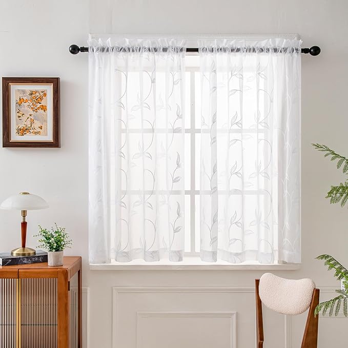 White Sheer Curtains Boho Leaf Floral Embroidered 54Wx55L | Light Filtering by VISIONTEX