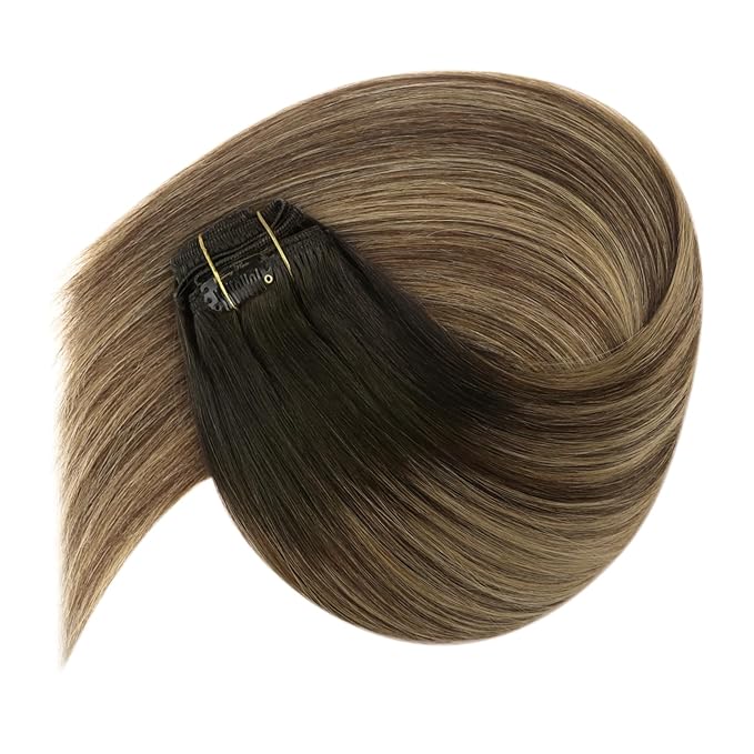 Ve Sunny Clip in Hair Extensions Black Ombre Hair Extensions Clip ins Black Balayage Brown with Caramel Blonde Human Hair Clip in Extensions for Women 14Inch 100g