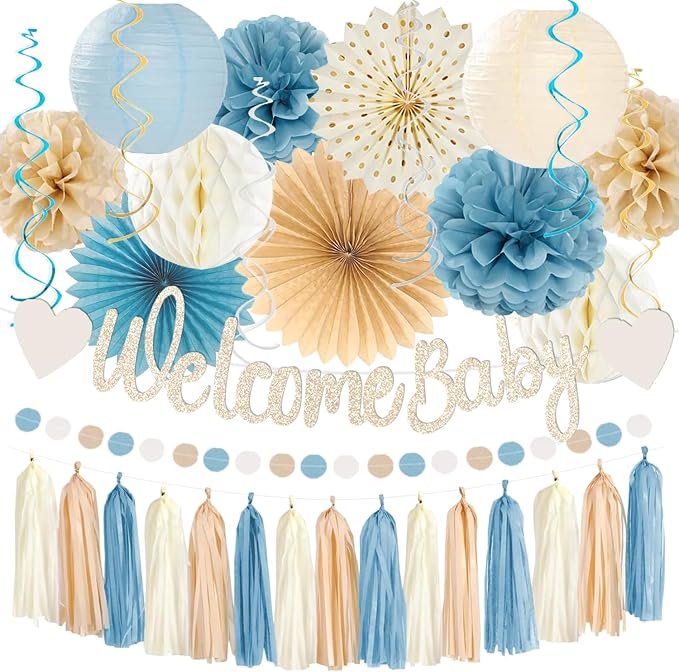 Light-Dusty Blue Boho Baby Shower Party-Decorations Beige Champagne Boy Neutral by Vztipki