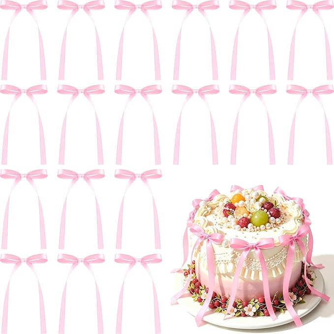 NEBURORA 50 Pcs Pink Bows for Cake Decoration Party Ribbon Bowknots | Pastel by NEBURORA