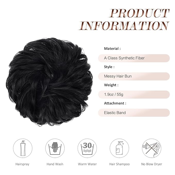 FESHFEN Large Jet Black Synthetic Fiber Messy Bun Hair Piece, 1.94 oz