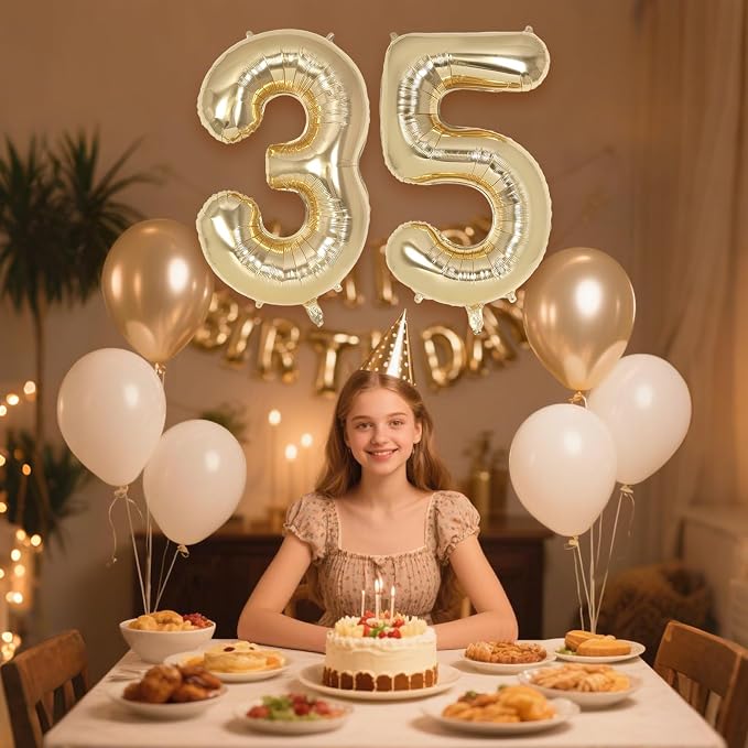 Champagne Large Number 35 Balloon, 40 Inch Light Gold Foil Helium Number - Image 4